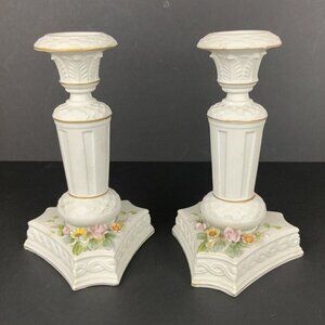Lefton China Handpainted Porcelain Candlesticks Holders White Floral Cottagecore